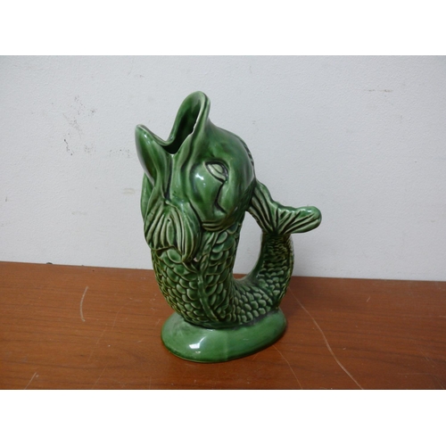 3 - Glug Jug In The Design of a Fish, Green, Minor Chip, 20cm Tall