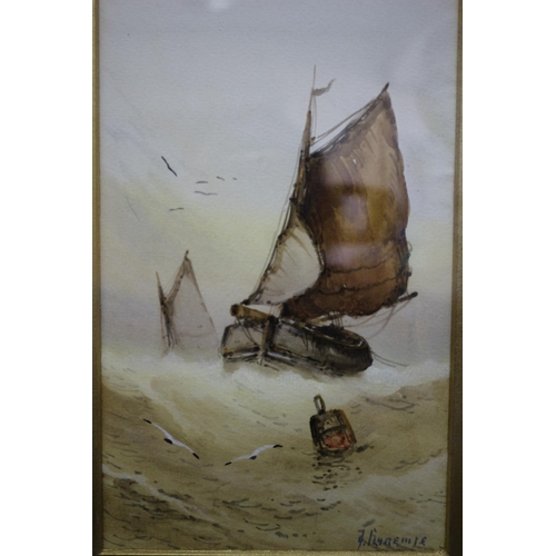 28 - Watercolour of Boats on Stormy Sea, Signed Alarease x 2, 38 x 25cm