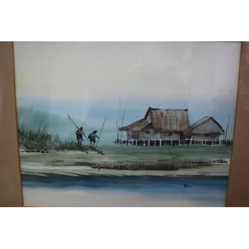 32 - Signed Tom, Watercolour of Fishing Scene, 34 x 30