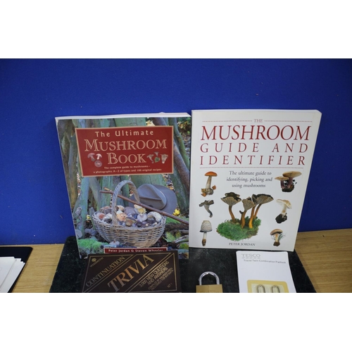 129 - 2x Mushroom books, trivia and locks