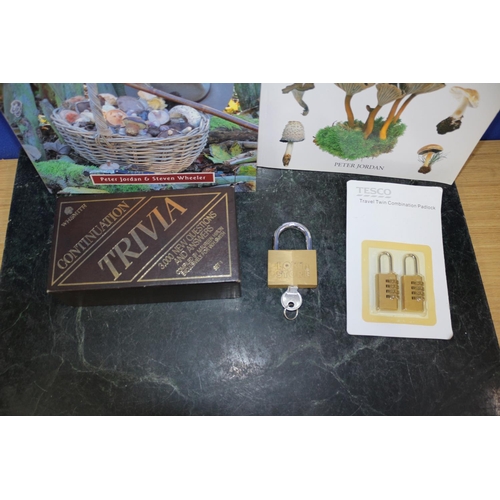 129 - 2x Mushroom books, trivia and locks