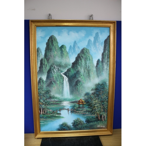 177 - Large Oriental Oil on Canvas, Signed H.S.Leung, 70.5cm x 100cm