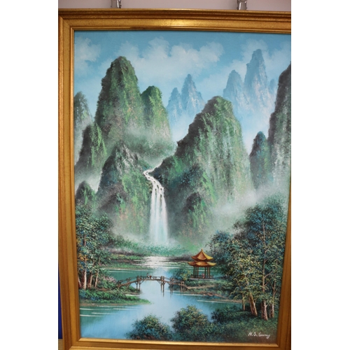 177 - Large Oriental Oil on Canvas, Signed H.S.Leung, 70.5cm x 100cm