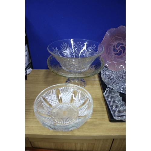 188 - Collection of Glass Bowls, Cake Stand, 2 Pink Plates and Glass Toaster Rack