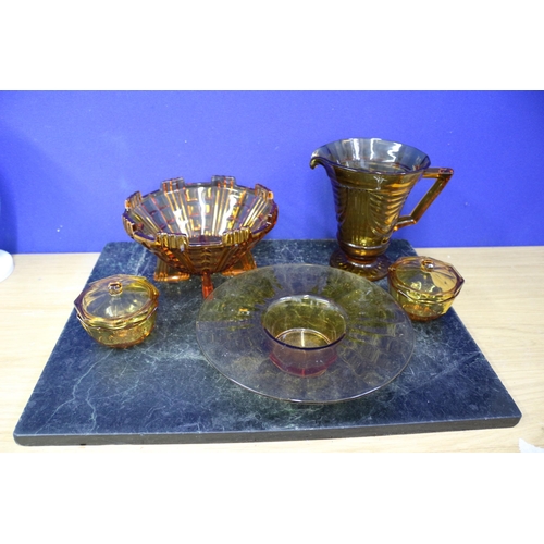 192 - Orange Coloured Glass Set, 5 Pieces, Jug is 18.5cm