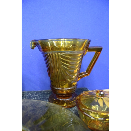 192 - Orange Coloured Glass Set, 5 Pieces, Jug is 18.5cm