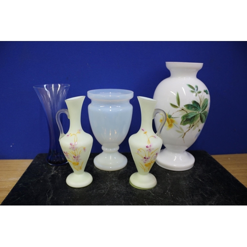 194 - 5 Coloured Vases, Biggest is 26cm Tall, Pair of Hand Painted Smaller ones.