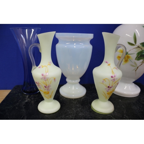 194 - 5 Coloured Vases, Biggest is 26cm Tall, Pair of Hand Painted Smaller ones.