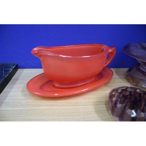 197 - Pyrex Gravy Boat, Red & Purple Flower Holder