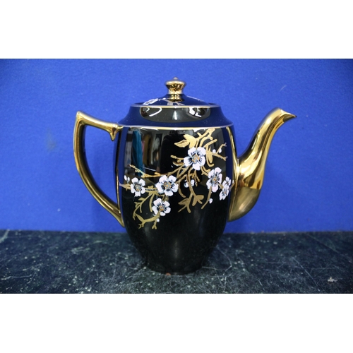 205 - Coffee Pot in Black and Gold. Gibsons England, 16cm Tall