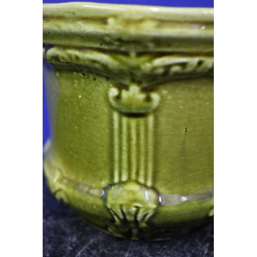 212 - Antique Art Green Italian Majolica Pot, 14 Diameter