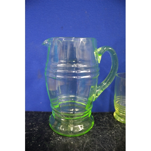 215 - Uranium Glasses x3 & Pitcher / Jug, 18cm Tall