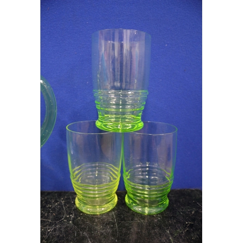 215 - Uranium Glasses x3 & Pitcher / Jug, 18cm Tall