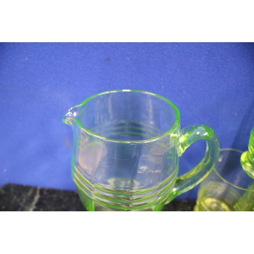 215 - Uranium Glasses x3 & Pitcher / Jug, 18cm Tall