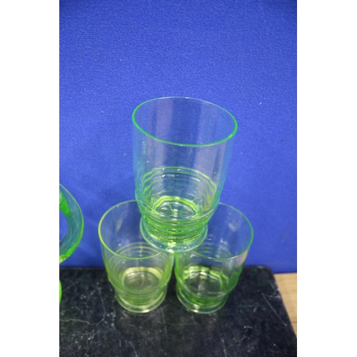 215 - Uranium Glasses x3 & Pitcher / Jug, 18cm Tall