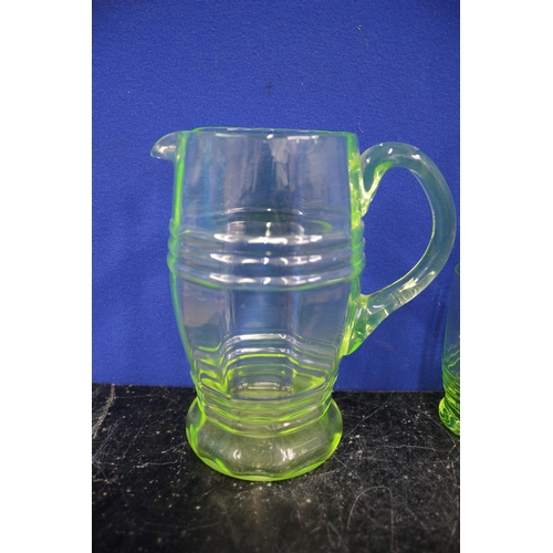 216 - Uranium Glasses x3 & Jug, 18cm