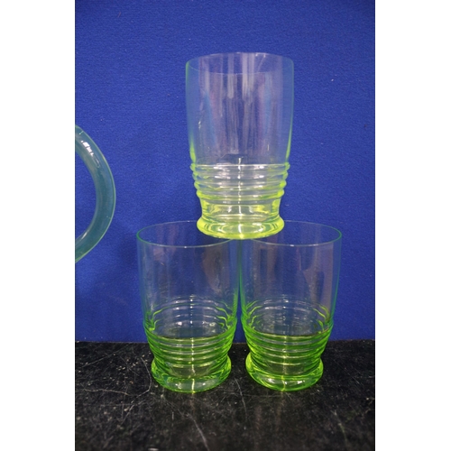 216 - Uranium Glasses x3 & Jug, 18cm