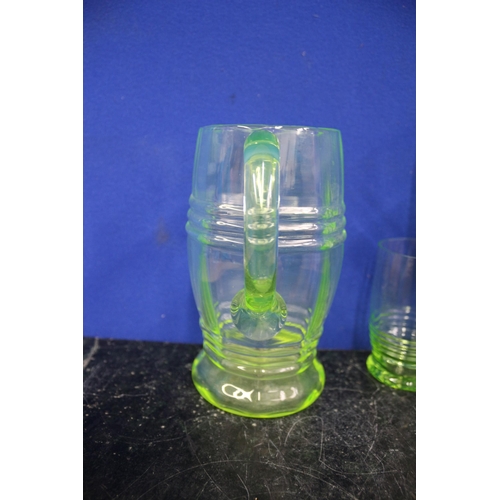 216 - Uranium Glasses x3 & Jug, 18cm