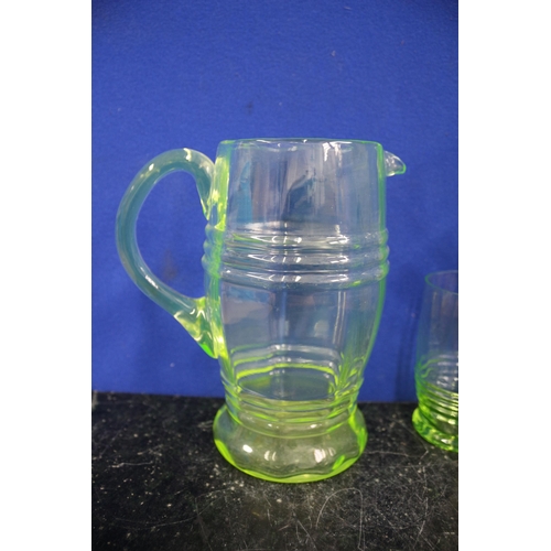 216 - Uranium Glasses x3 & Jug, 18cm