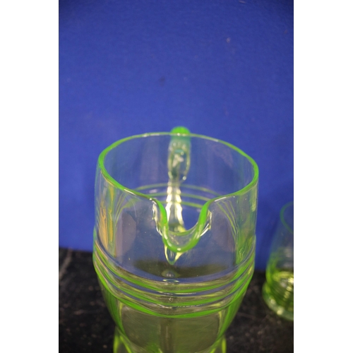 216 - Uranium Glasses x3 & Jug, 18cm