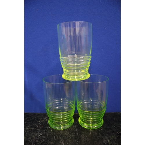 216 - Uranium Glasses x3 & Jug, 18cm