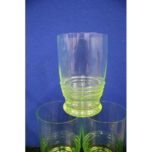 216 - Uranium Glasses x3 & Jug, 18cm