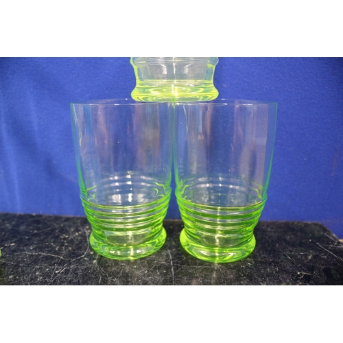 216 - Uranium Glasses x3 & Jug, 18cm