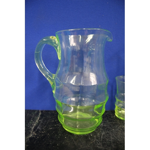 217 - Uranium Glasses x 4 & Jug, 23cm