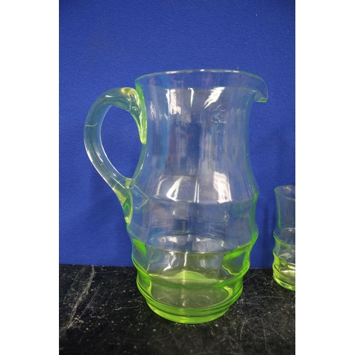 217 - Uranium Glasses x 4 & Jug, 23cm