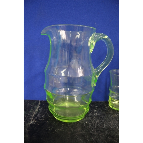 217 - Uranium Glasses x 4 & Jug, 23cm