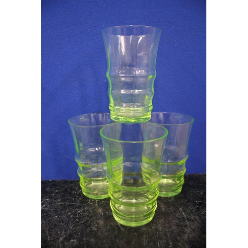 217 - Uranium Glasses x 4 & Jug, 23cm