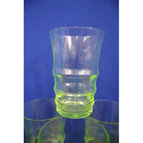 217 - Uranium Glasses x 4 & Jug, 23cm