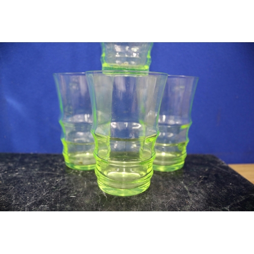 217 - Uranium Glasses x 4 & Jug, 23cm