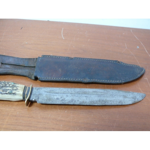 264 - Vintage Bowie Styled Knife in Sheath with Believed to be Antler Handle