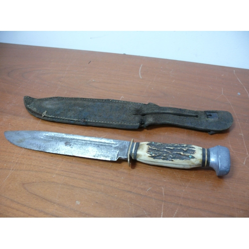 264 - Vintage Bowie Styled Knife in Sheath with Believed to be Antler Handle