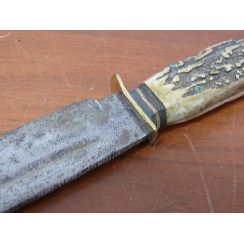 264 - Vintage Bowie Styled Knife in Sheath with Believed to be Antler Handle