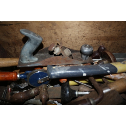 289 - Various Aged Tools in Wooden Box, Wood Planes, Hammers ETC