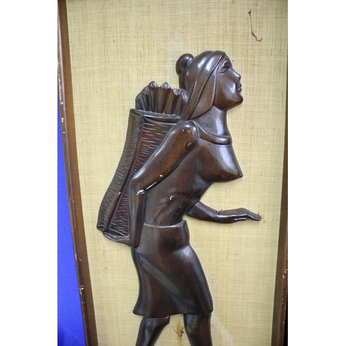 309 - 2 Large Hessian Backed African Art, Teak?Wood, 31 x 74cm