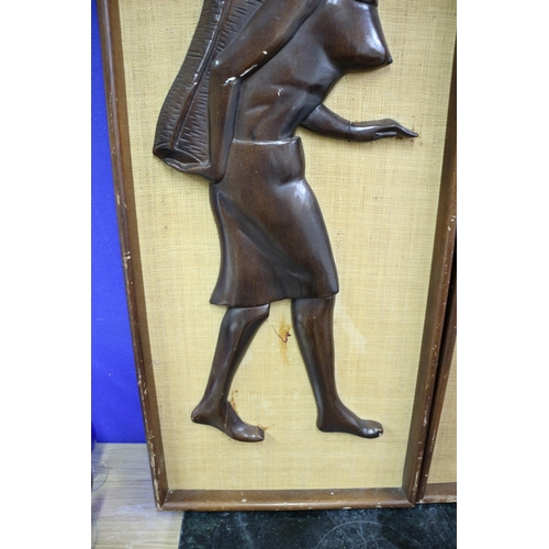 309 - 2 Large Hessian Backed African Art, Teak?Wood, 31 x 74cm