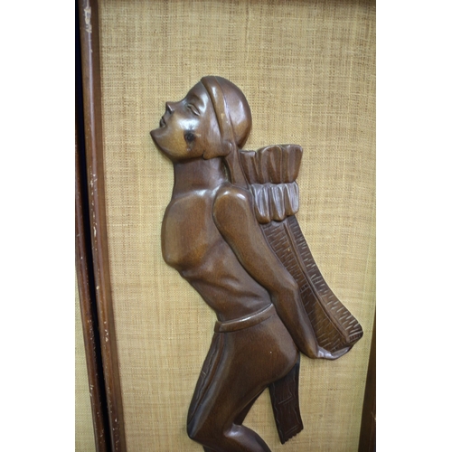 309 - 2 Large Hessian Backed African Art, Teak?Wood, 31 x 74cm