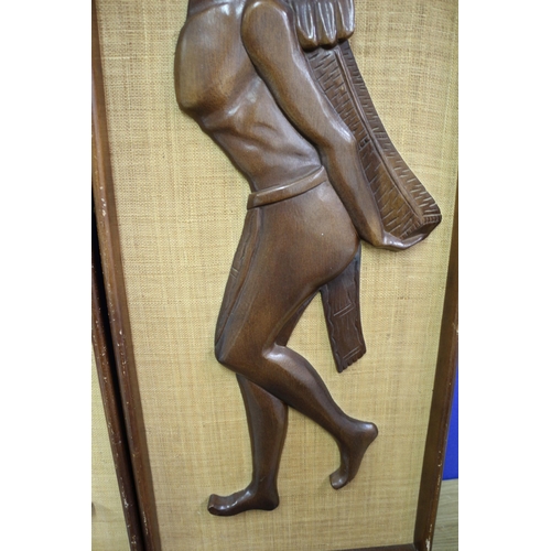 309 - 2 Large Hessian Backed African Art, Teak?Wood, 31 x 74cm