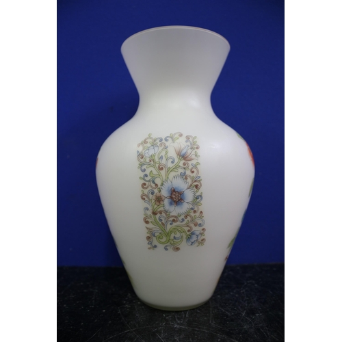 317 - Hand Painted 1950's Chinese Crane & Floral Design Frosted White Glass Bouquet Vase, 26cm