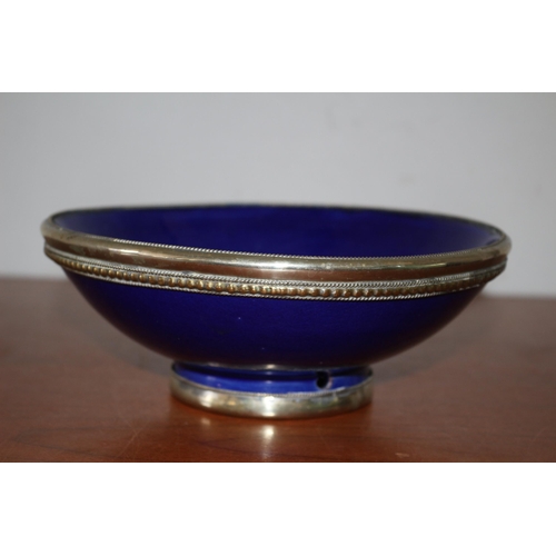 336 - Very Nice Electric Blue Glazed Ceramic Bowl with White Metal Covering the Edge and Around the Base -... 