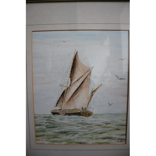 344 - T.A.BROAD Watercolour of Sailing Sea Scene including Sea Gulls, 39 x 34 cm