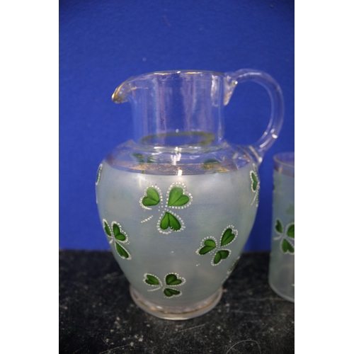 352 - Green Shamrock, Hand Painted, Jug & Glass, Pontil Marked , 14.5cm