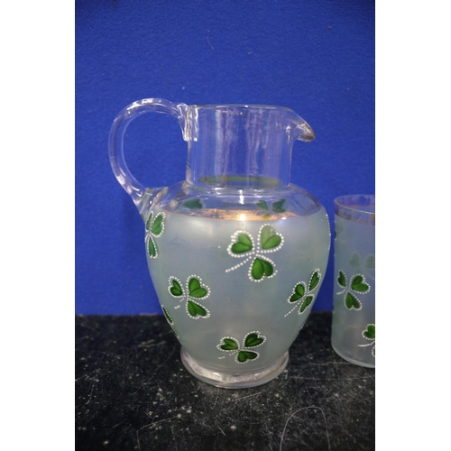 352 - Green Shamrock, Hand Painted, Jug & Glass, Pontil Marked , 14.5cm