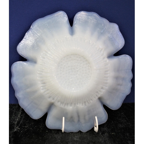 382 - Blue Satin Opalescent Frosted Glass Dish, Floral Design, 31 cm diameter