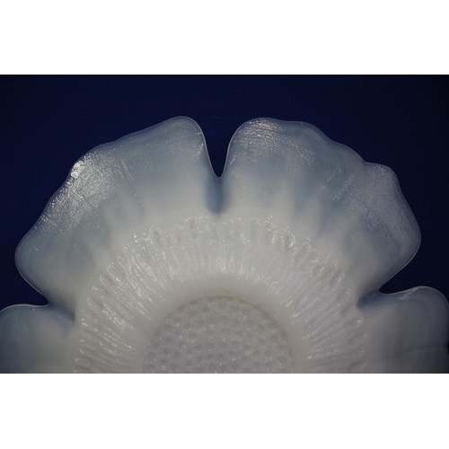 382 - Blue Satin Opalescent Frosted Glass Dish, Floral Design, 31 cm diameter