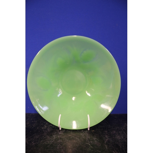 384 - Jobling Art Deco Uranium Jade Green Glass Fircone Bowl, 27.5cm diameter