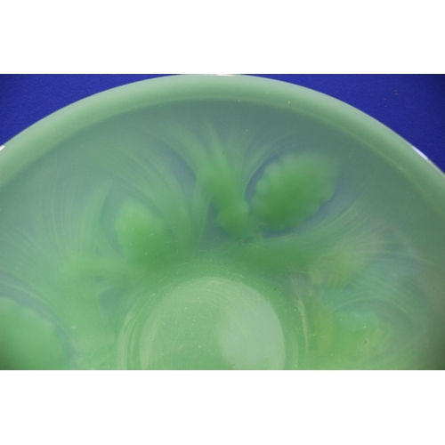 384 - Jobling Art Deco Uranium Jade Green Glass Fircone Bowl, 27.5cm diameter